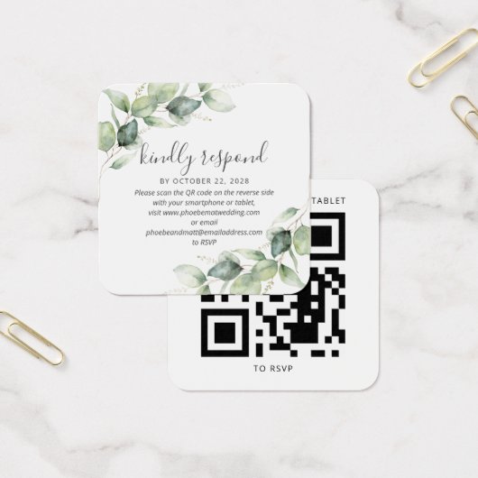 Moderne Eucalyptus Botanical Wedding QR Code RSVP Vierkante Visitekaartjes (Kantoor)
