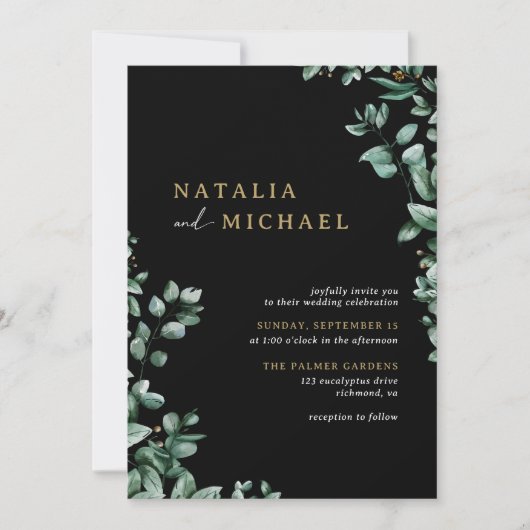 Moderne eucalyptus botanisch | Zwart Moody Bruilof Kaart (Voorkant)