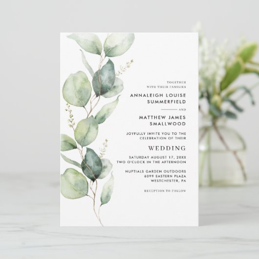 Moderne eucalyptus botanische groen bruiloft kaart (Staand voorkant)