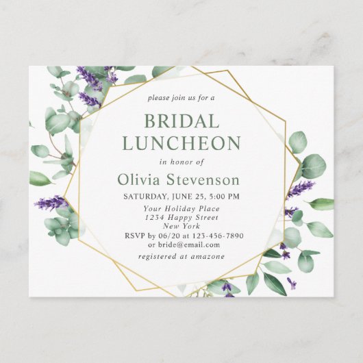 Moderne Eucalyptus Bridal Luncheon Invitation Kaar Briefkaart (Voorkant)