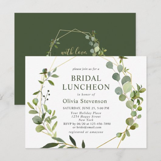 Moderne Eucalyptus Bridal Luncheon Invitation Kaar Briefkaart (Voorkant / Achterkant)
