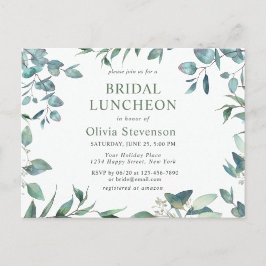 Moderne Eucalyptus Bridal Luncheon Invitation Kaar Briefkaart (Voorkant)