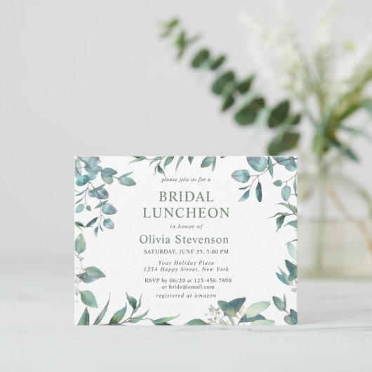 Moderne Eucalyptus Bridal Luncheon Invitation Kaar Briefkaart (Staand voorkant)