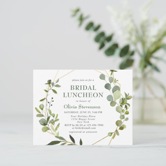 Moderne Eucalyptus Bridal Luncheon Invitation Kaar Briefkaart (Staand voorkant)
