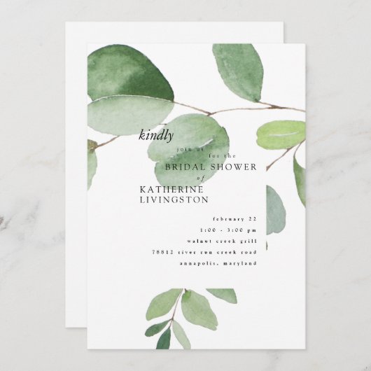 Moderne Eucalyptus Bridal Shower-uitnodiging Kaart (Voorkant / Achterkant)