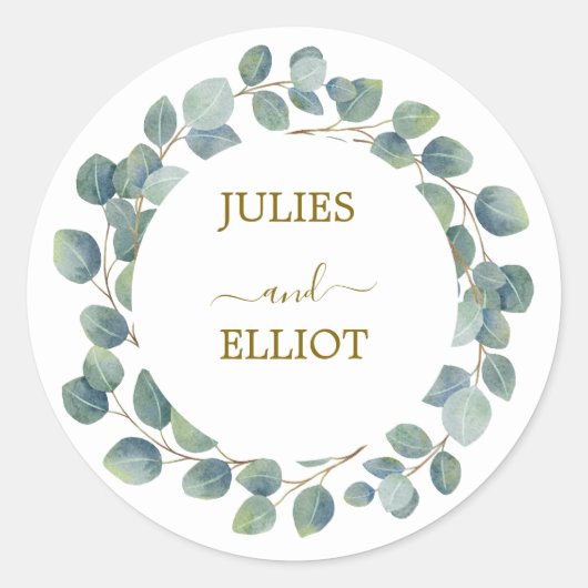 Moderne eucalyptus bruiloft ronde sticker (Voorkant)