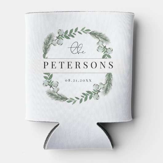 Moderne Eucalyptus Cotton Pine Green Wreath Wedden Blikjeskoeler (Voorkant)