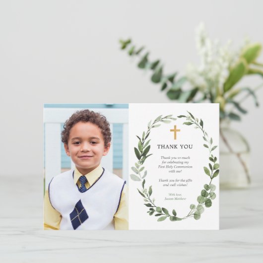 Moderne Eucalyptus eerste communie dank u kaart (Staand voorkant)