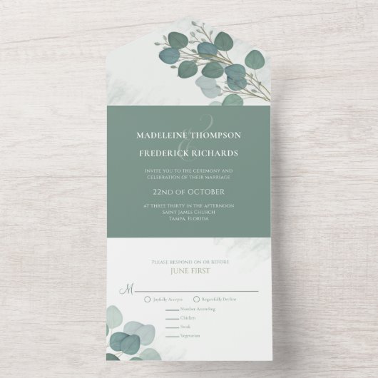 Moderne Eucalyptus Elegant Rustige botanische blad All In One Uitnodiging (Binnen)