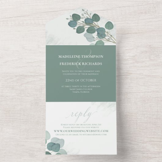 Moderne Eucalyptus Elegant Rustige olie Eenvoudig All In One Uitnodiging (Binnen)