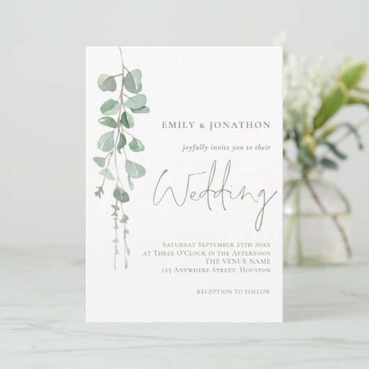 Moderne Eucalyptus Elegant Sage Script Weddenschap Kaart (Staand voorkant)