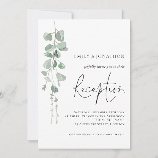 Moderne Eucalyptus Elegant Script Wedding Receptio Kaart (Voorkant)