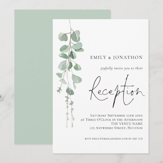Moderne Eucalyptus Elegant Script Wedding Receptio Kaart (Voorkant / Achterkant)