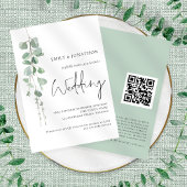 Moderne Eucalyptus Elegante Script QR Code Trouwfe Kaart