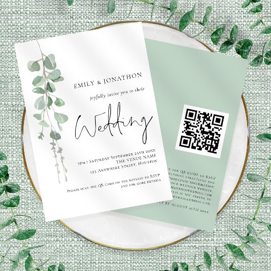 Moderne Eucalyptus Elegante Script QR Code Trouwfe Kaart