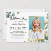 Moderne Eucalyptus Floral Foto Retirement Party Kaart (Voorkant)