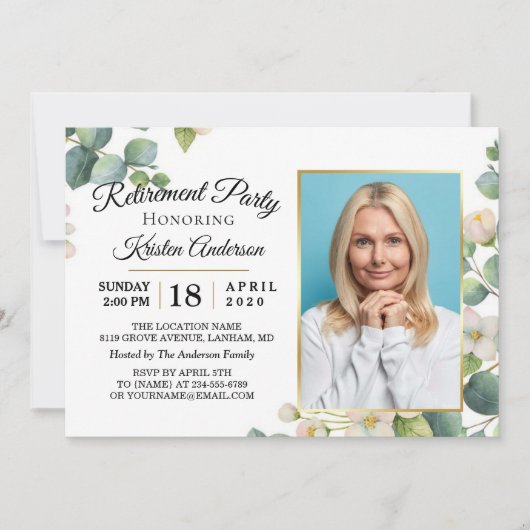 Moderne Eucalyptus Floral Foto Retirement Party Kaart (Voorkant)