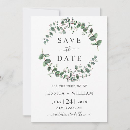Moderne Eucalyptus Floral Geometric Lijst Wedding  Save The Date (Voorkant)