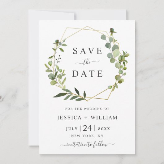 Moderne Eucalyptus Floral Geometric Lijst Wedding Save The Date (Voorkant)