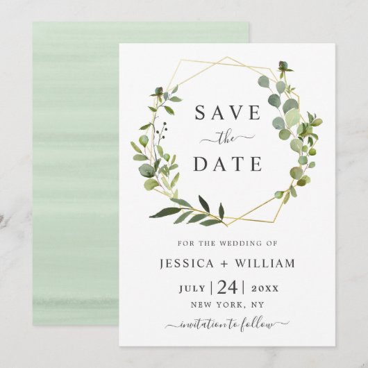 Moderne Eucalyptus Floral Geometric Lijst Wedding Save The Date (Voorkant / Achterkant)