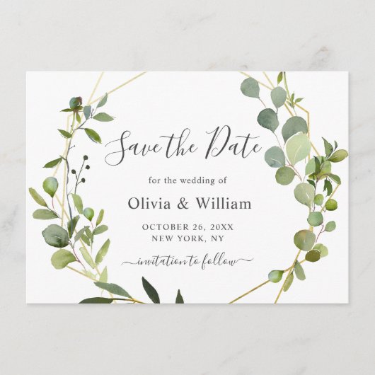 Moderne Eucalyptus Floral Geometric Lijst Wedding Save The Date (Voorkant)