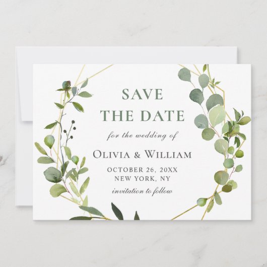 Moderne Eucalyptus Floral Geometric Lijst Wedding Save The Date (Voorkant)