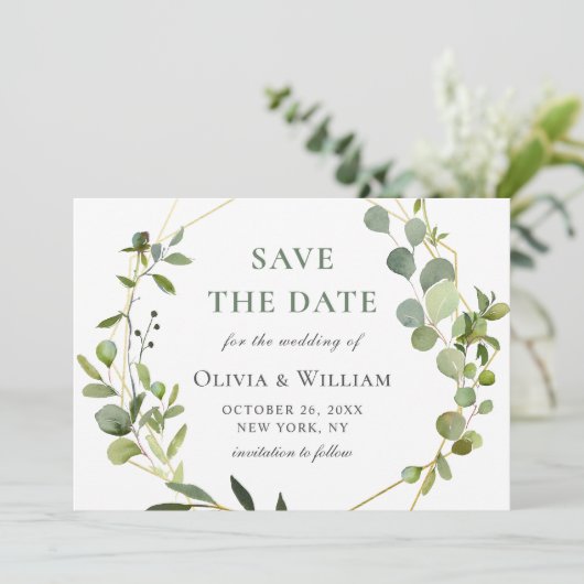 Moderne Eucalyptus Floral Geometric Lijst Wedding Save The Date (Staand voorkant)