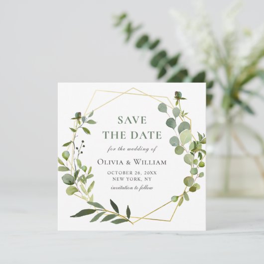 Moderne Eucalyptus Floral Wedding BEWAART DE DATUM Kaart (Staand voorkant)