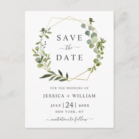 Moderne Eucalyptus Floral Wedding Save the Date Briefkaart (Voorkant)
