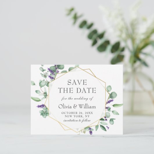 Moderne Eucalyptus Floral Wedding Save the Date Briefkaart (Staand voorkant)