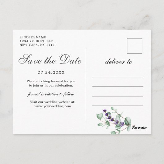 Moderne Eucalyptus Floral Wedding Save the Date Briefkaart (Achterkant)