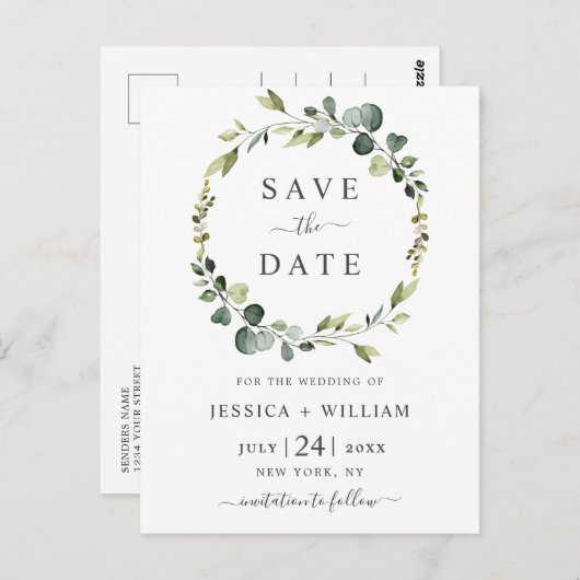 Moderne Eucalyptus Floral Wedding Save the Date Briefkaart (Voorkant / Achterkant)