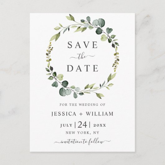 Moderne Eucalyptus Floral Wedding Save the Date Briefkaart (Voorkant)