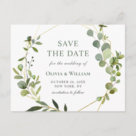 Moderne Eucalyptus Floral Wedding Save the Date Briefkaart (Voorkant)