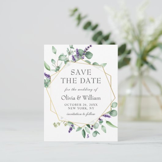 Moderne Eucalyptus Floral Wedding Save the Date Briefkaart (Staand voorkant)