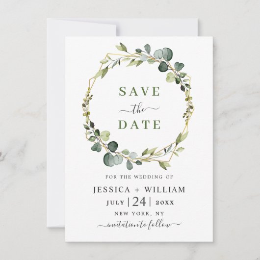 Moderne Eucalyptus Floral Wreath Lijst Wedding Save The Date (Voorkant)