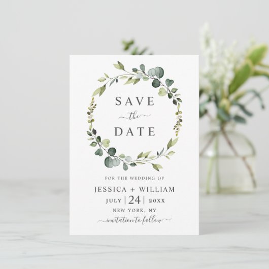 Moderne Eucalyptus Floral Wreath Lijst Wedding Save The Date (Staand voorkant)