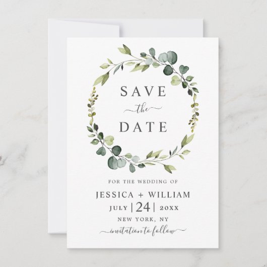 Moderne Eucalyptus Floral Wreath Lijst Wedding Save The Date (Voorkant)