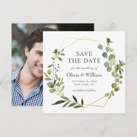 Moderne Eucalyptus FOTO Bruiloft SAVE THE DATE Kaart (Voorkant / Achterkant)
