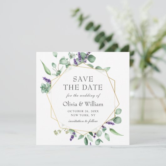 Moderne Eucalyptus FOTO Bruiloft SAVE THE DATE Kaart (Staand voorkant)