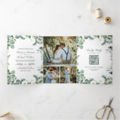 Moderne Eucalyptus Foto Collage QR Code Trouwen Drieluik Uitnodiging (Binnen)