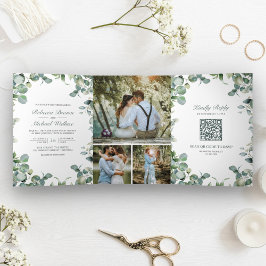Moderne Eucalyptus Foto Collage QR Code Trouwen Drieluik Uitnodiging