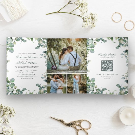 Moderne Eucalyptus Foto Collage QR Code Trouwen Drieluik Uitnodiging