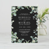 Moderne Eucalyptus Foto QR Code Black Weddenschap Kaart (Staand voorkant)