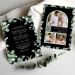 Moderne Eucalyptus Foto QR Code Black Weddenschap Kaart