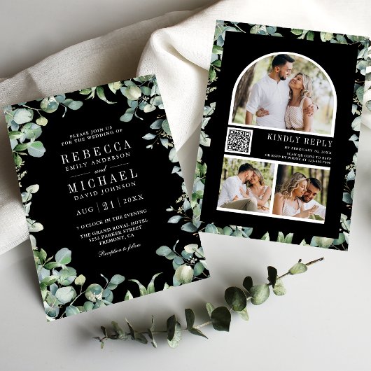 Moderne Eucalyptus Foto QR Code Black Weddenschap Kaart