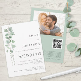 Moderne Eucalyptus Foto QR Code Bruiloft Kaart