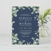 Moderne Eucalyptus Foto QR Code Navy Blue Weddensc Kaart (Staand voorkant)