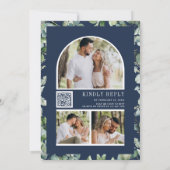 Moderne Eucalyptus Foto QR Code Navy Blue Weddensc Kaart (Achterkant)