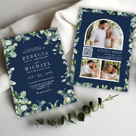 Moderne Eucalyptus Foto QR Code Navy Blue Weddensc Kaart